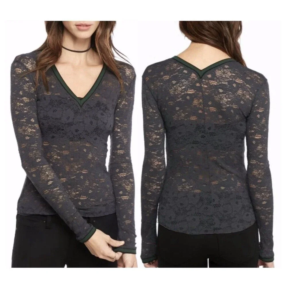 Free People Lace Long Sleeve Top XS Gray V-Neck Sheer Stretch Nylon Green Trim
